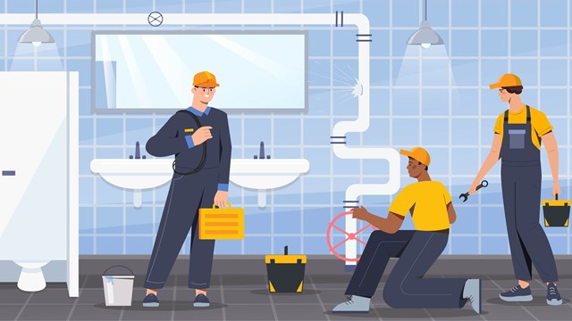 Plumbers fixing pipe. Workers with tools carry out repair work in public toilet, fix sewers. Men in boiler room with equipment. Repair service and maintenance concept. Cartoon flat vector illustration