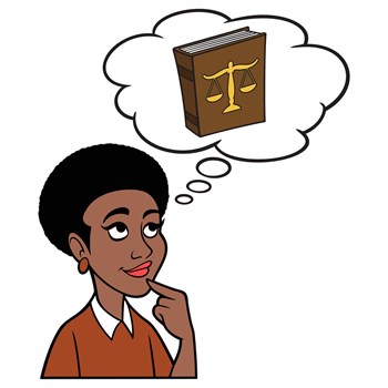 A cartoon illustration of a Black Woman thinking about Law School.