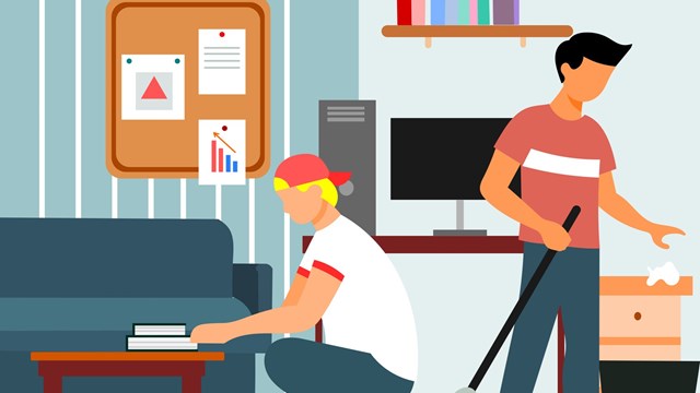 flat design, vector , illustration of cleaning a room with college roommates