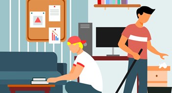 flat design, vector , illustration of cleaning a room with college roommates