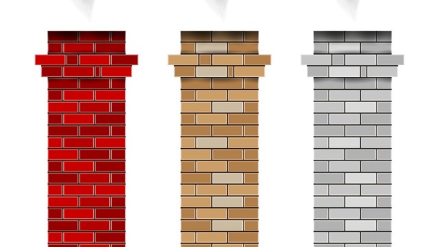 Brick fireplace chimney pipes. Vector smoke. Red, brown and white brick chimney. 3D vector illustration isolated on white.