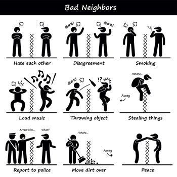 A set of human pictogram representing unhappy neighbors quarrel and cursing each other. He is upset about the smoke, loud music, and his neighbor also steal his stuff. He report to police. They have peace at the end.