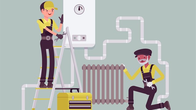 Plumbers service, inspection of plumbing work, pipe and radiator installing. Professional technicians team checking water heater installation, balancing radiator heating system. Vector illustration