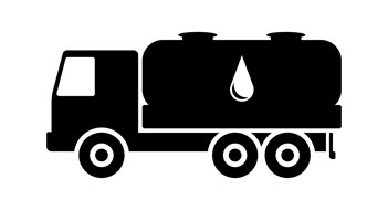 Oil tanker truck icon. Black silhouette on white background. Side view. Vector flat graphic illustration. 