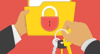 Flat illustration of security center. Yellow folder with lock and keys in the hands of man. Data protection, internet security flat illustration concepts.