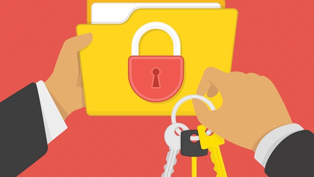 Flat illustration of security center. Yellow folder with lock and keys in the hands of man. Data protection, internet security flat illustration concepts.